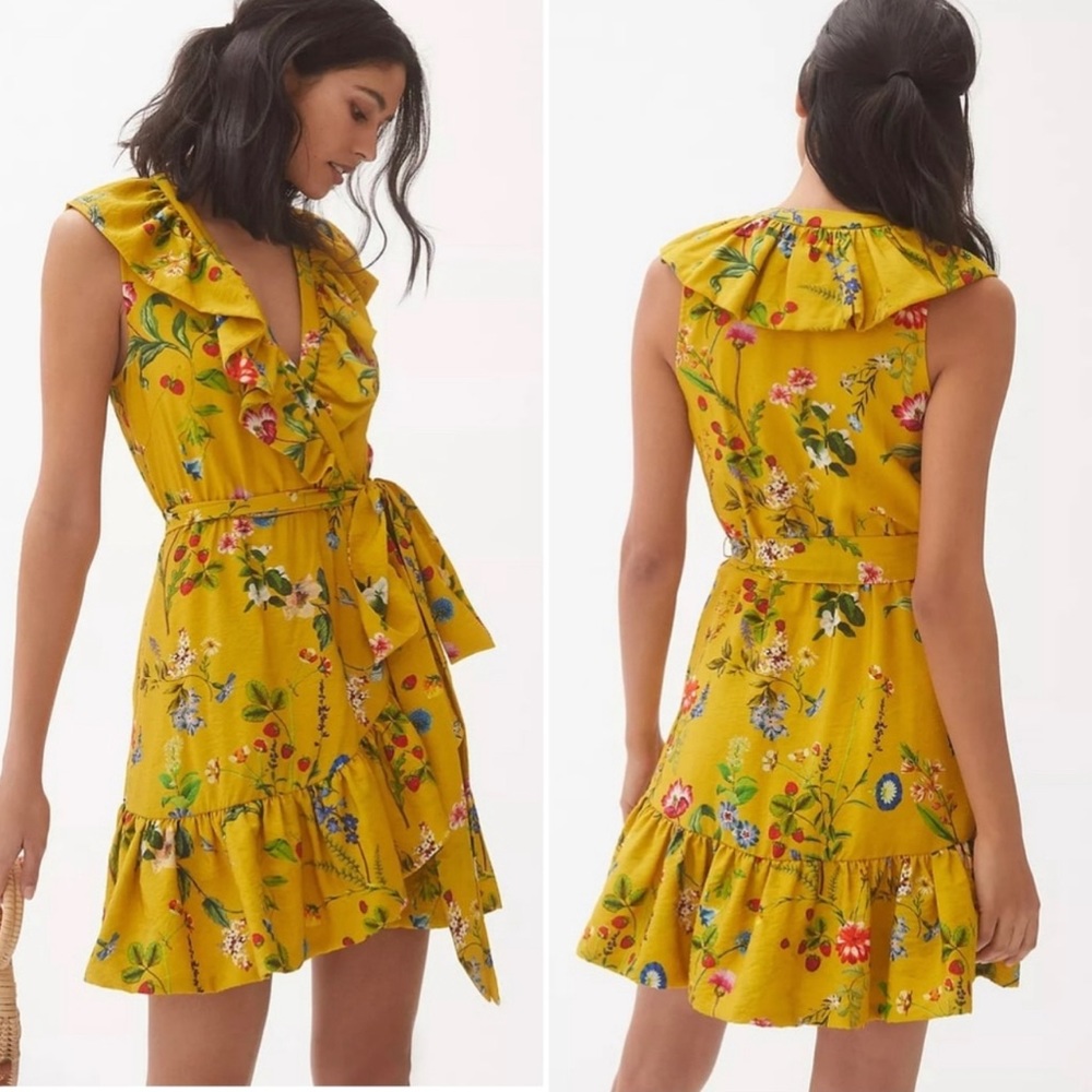 Maeve Mustard Yellow Floral Wrap Ruffle Mini Dress